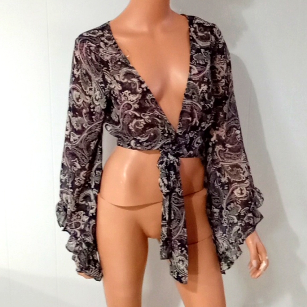 Sheer, paisley front tie overblouse with bell sleeves